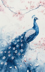 Serene Watercolor Illustration of a Majestic Peacock Surrounded by Delicate Cherry Blossom Elements