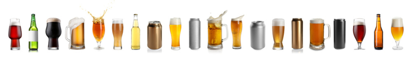 Different types of fresh beer isolated on white, set