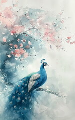 Serene Watercolor Illustration of a Beautiful Peacock Perched Among Delicate Blossoms