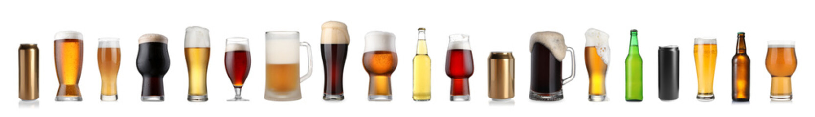 Different types of fresh beer isolated on white, set