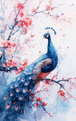 Serene Watercolor Illustration of a Majestic Peacock Among Blossoming Cherry Trees