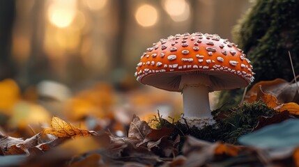 Closeup view of fresh mushroom in forest in Spring.