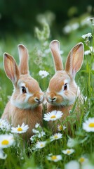 Obraz premium Two cute rabbits eating daisies in a wildflower meadow