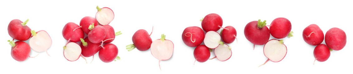 Whole and sliced fresh radishes isolated on white, set