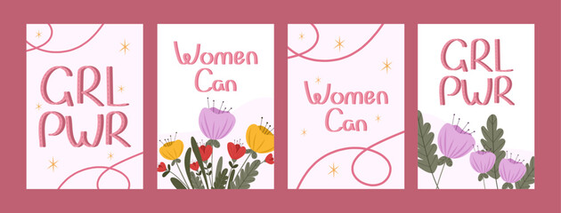 Stylish feminist postcards with hand-drawn typography, delicate floral elements and empowering messages. Cute vector postcards collection in solidarity feminist movement concept. For banners, flyers.