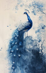 Elegant Serenity of a Watercolor Peacock in Blue Hues Amidst a Tranquil Nature Setting