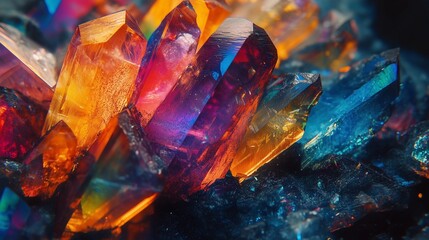 Vibrant multicolored crystals glimmering under light with intricate formations and textures on a dark background