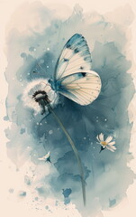 Serene Watercolor Butterfly on Dandelion with Delicate Flowers in Soft Blue Tones