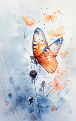 Serene Watercolor Illustration of a Butterfly Amidst Delicate Flowers and Soft Background