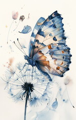Serene Watercolor Illustration of a Butterfly Perched on a Dandelion with Soft Floral Accents