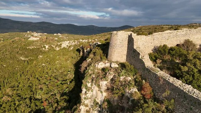 Aerial view of Kelefa Castle and its tower and walls during sunset, Mani, Laconia, Greece.