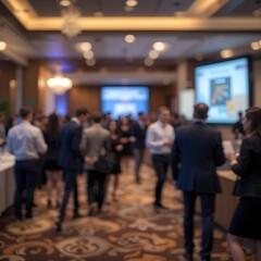 Fototapeta premium Blurred Corporate Event Reception - Reception area of a corporate event with attendees blurred in the background