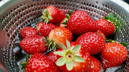 Freshly washed strawberries in a colander ready for preparation in the kitchen