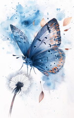 Serene Watercolor Illustration of a Butterfly with Dandelion and Delicate Leaves in Soft Blue Tones and Artistic Detailing