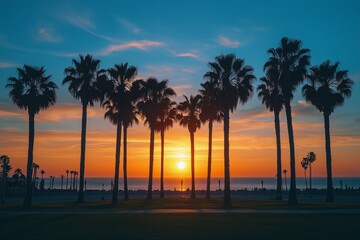 Obraz premium Vibrant Sunset Behind Palm Trees Silhouetted Against a Colorful Sky in a Warm Location