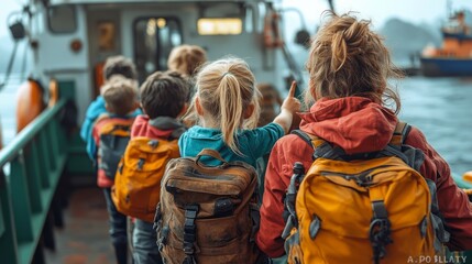 Kids with backpacks eagerly board a boat, ready for exploration on the water
