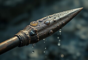 Fototapeta premium Close-up view of a wooden spear with water droplets and a wrapped rope near the end, set against a blurred background of reflective water.