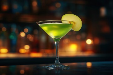 Vibrant Appletini cocktail glowing under soft bar lighting with elegant ambiance