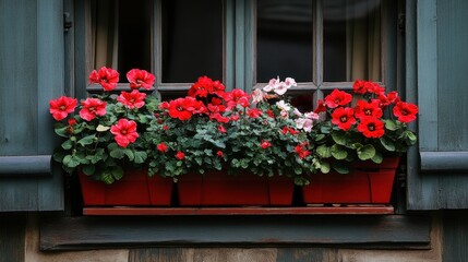 Naklejka premium Charming Floral Display: Vibrant Window Box Overflowing with Beautiful Red Blooms in a Rustic Wooden Pot