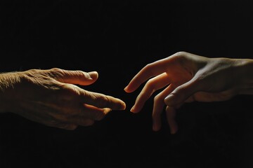 Suspended moment of connection, reaching hands nearly touching in dramatic light