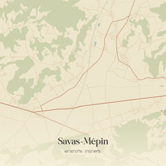 Obraz premium Vintage map of Savas-Mépin, France.