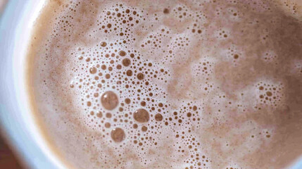 Foamy beverage in glass showcasing rich texture and creamy appearance in a cozy cafe setting