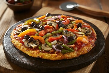 Vegetarian Pizza on Stone A fresh vegetarian pizza with mushrooms, olives, peppers, onions, and tomatoes, served on a wooden table with pizza cutter and side dish.