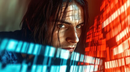 A close-up portrait of a person with striking digital light effects casting shadows on their face, conveying a sense of intensity and engagement with technology.