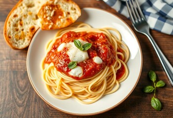 Pasta dish with spaghetti, tomato sauce, mozzarella cheese, garlic bread