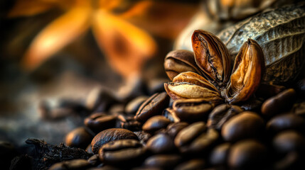 Obraz premium Richly roasted coffee beans nestled among dark roasted grounds and autumn leaves in a warm, inviting atmosphere
