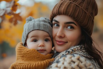 Portrait of woman and her baby in the park