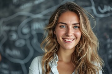 Obraz premium Portrait of young smiling businesswoman standing in front of her team at the office with line details around her