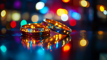 Beautifully crafted rings with vibrant reflections and colorful bokeh lights
