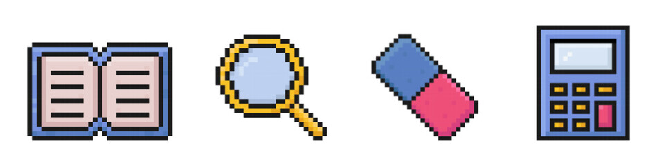 school supplies pixel art icons, back to school, 80s, 90s, old arcade game item style, magnifying glass, textbook, eraser, calculator, vector illustration