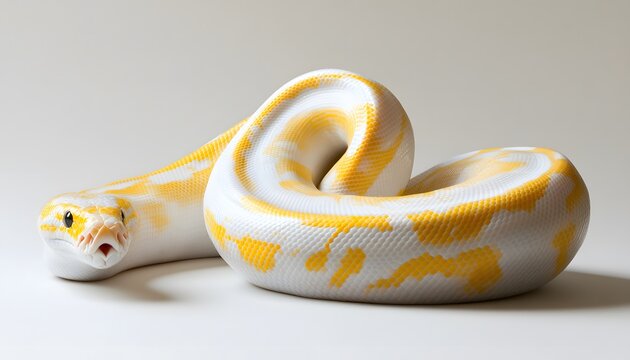 Albino ball python with yellow markings curled on white