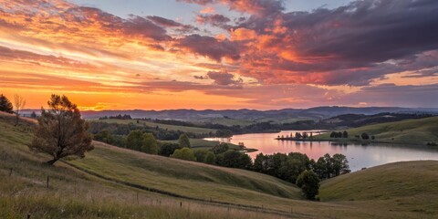 Obraz premium Fiery Sunset over Rolling Hills and Lake Landscape Photography, Dramatic Sky, Golden Hour, Nature Scenery, Wide Composition Landscape Photography, Nature