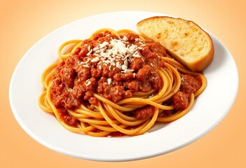 Pasta dish with Bolognese sauce and garlic bread