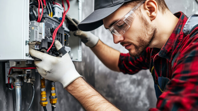 Skilled technician performs electrical maintenance work in a residential building during daylight hours