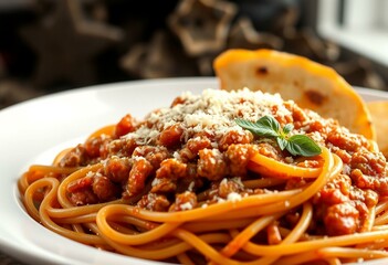 A steaming hot plate of pasta with meat sauce