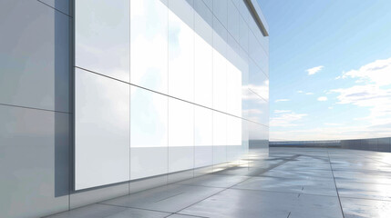Fototapeta premium Modern building exterior with a large blank advertising display during a cloudy day in an urban setting