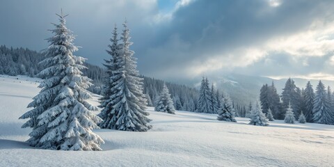 Naklejka premium Winter Wonderland Two Snow-Covered Pines, Dramatic Sky, Mountain Forest, Landscape Photography, Winter Scenery Winter, Snow, Landscape