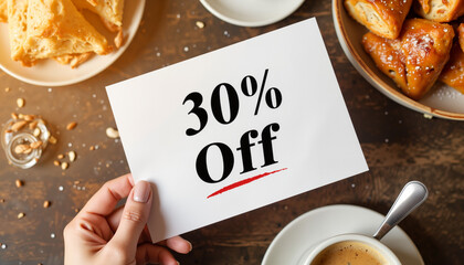 Hand holding discount card with "30% Off" on wooden table
