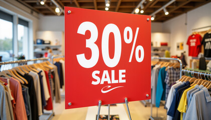 30% Sale sign in a modern clothing store