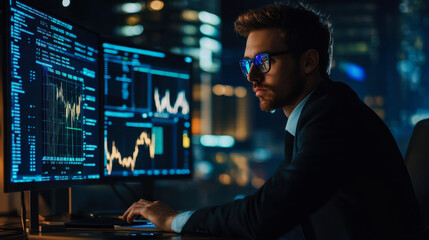 Professional man analyzing stock market data on multiple monitors in a modern office setting during night hours