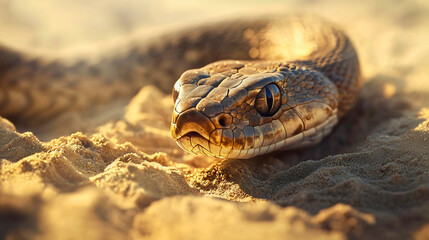 Obraz premium A desert snake perfectly camouflaged in the scorching desert sand, a snake in the desert searching for prey.