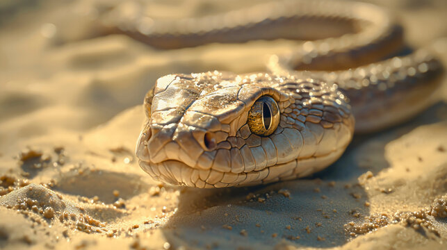 A desert snake slithering through the scorching desert sand, carefully observing its surroundings, a very dangerous and venomous snake from the reptile family.