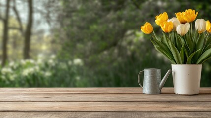 Fototapeta premium A garden with blooming spring flowers, a watering can, and gardening tools on a wooden table set against a lush nature backdrop