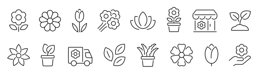 Flower thin line icons set. Floral, bouquet, tulip, plant icon. Editable stroke. Vector