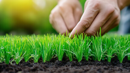 Gardening hands nurturing lush green grass, promoting sustainable lawn care and organic growth in a vibrant outdoor setting.