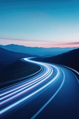 close-up of curving asphalt road at twilight illuminated by fluid movement of light trails symbolizing speed and technology